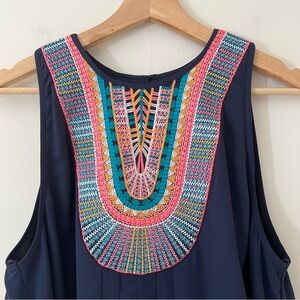 Ranna Gill Blouse Swing Top Embroidered Sleeveless Navy Size Medium Boho